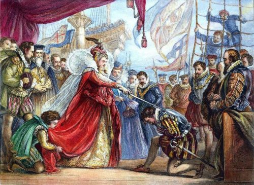 Королева Елизавета наградила Дрейка рыцарским званием на борту «Золотой лани» в Дептфорде 4 апреля 1581 года